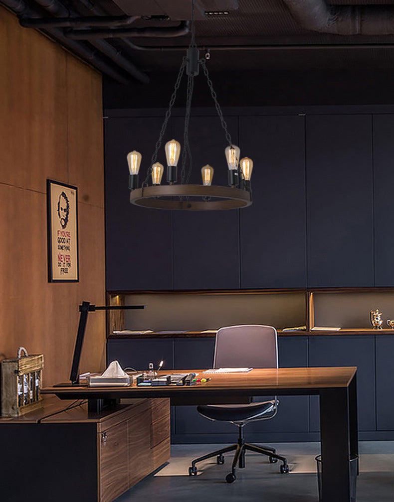 Antique Wood Hanging Pendant Lights Industrial 6-Lights Hanging Lights for Bar