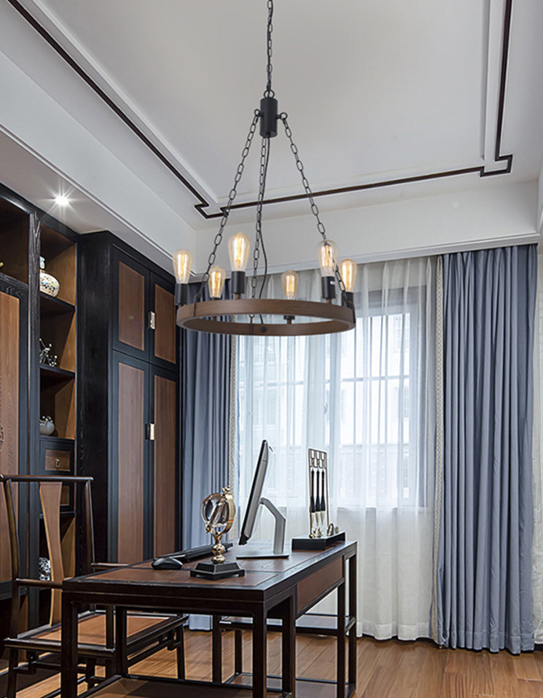 Antique Wood Hanging Pendant Lights Industrial 6-Lights Hanging Lights for Bar