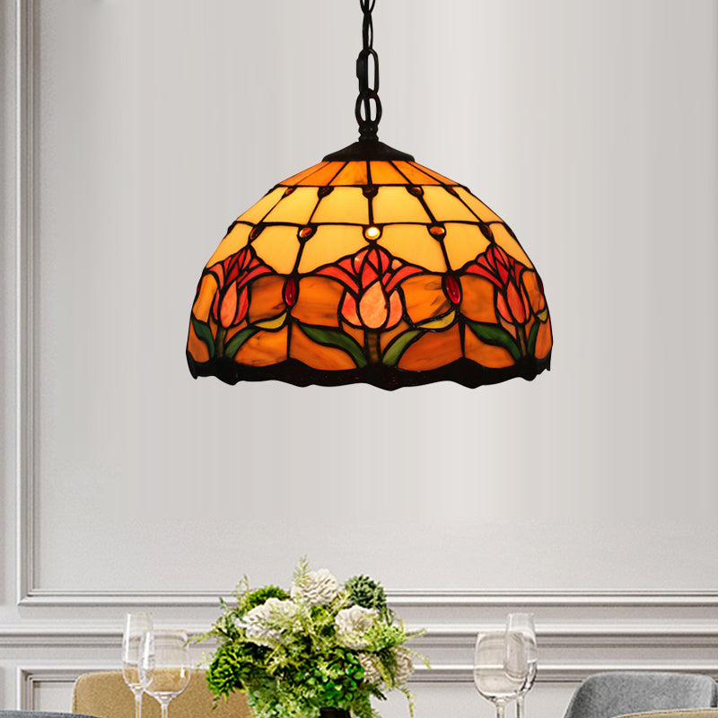 Black Blossom Down Lighting Mediterranean 1 Light Red/Yellow/Blue Stained Glass Ceiling Pendant Light