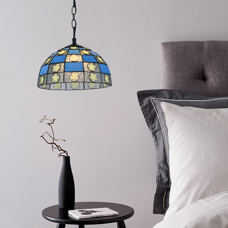 12"/16" Wide Black 1 Light Pendant Lighting Fixture Tiffany-Style Blue Glass Star Hanging Lamp Kit