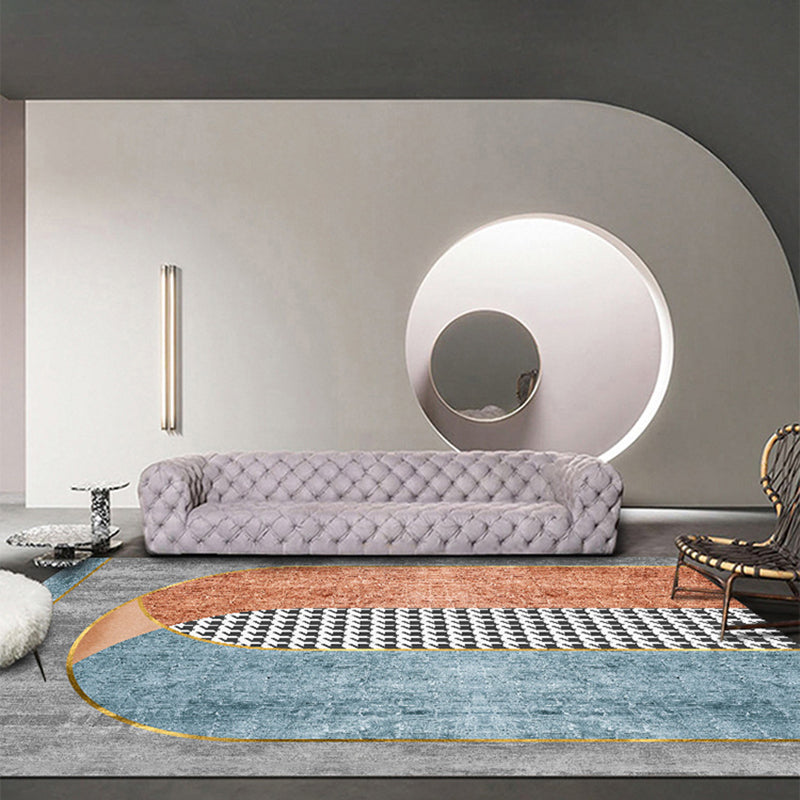 Modern Color-Blocked Carpet Blue Polyester Area Rug Stain Resistant Rug for Living Room