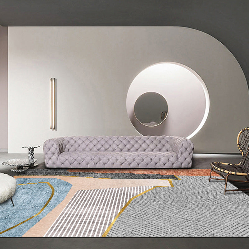 Modern Color-Blocked Carpet Blue Polyester Area Rug Stain Resistant Rug for Living Room