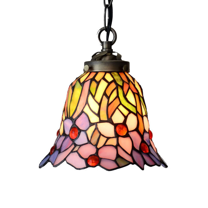 1 Light Bell Ceiling Pendant Mediterranean Red/Pink/Blue Cut Glass Suspension Lighting for Kitchen