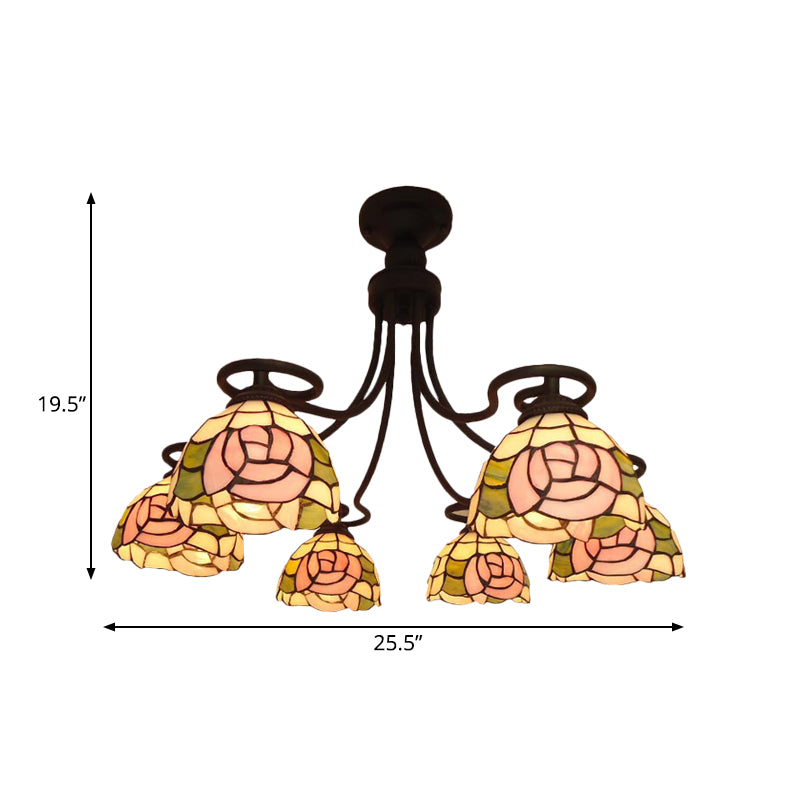 6 luces Rose Semi Flush Mounting Tiffany Pink Cut Glass Techo Luz de lámpara para dormitorio