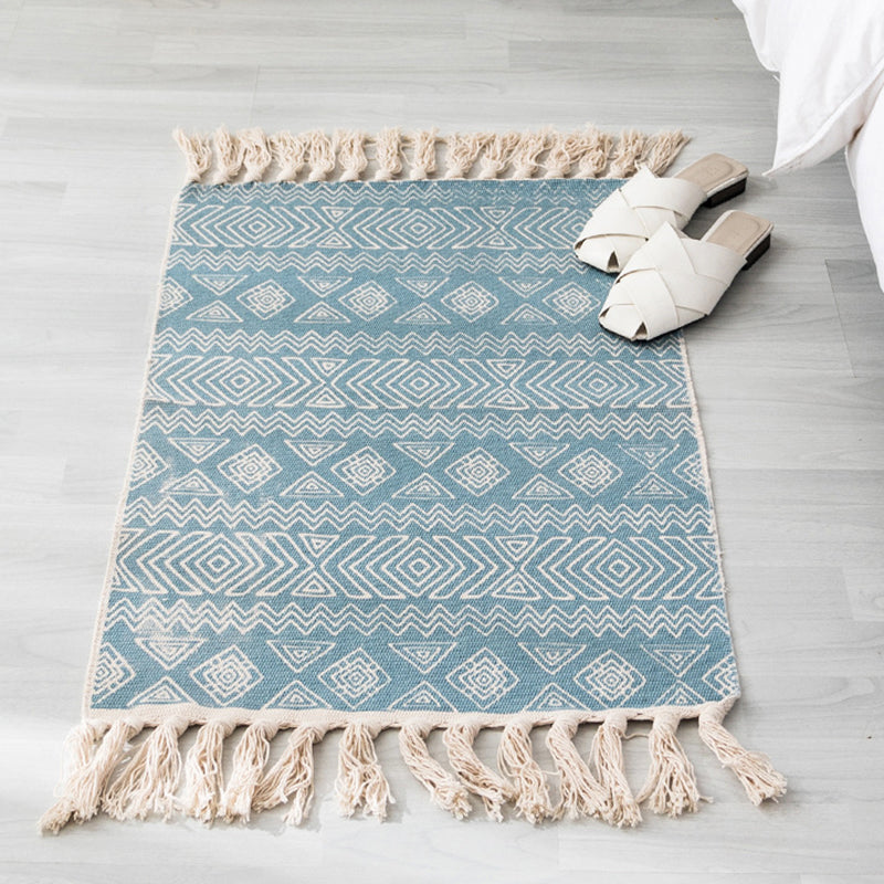 Beige Bohemian Rug Cotton Ethnic Pattern Carpet Fringe Indoor Rug for Home Decoration