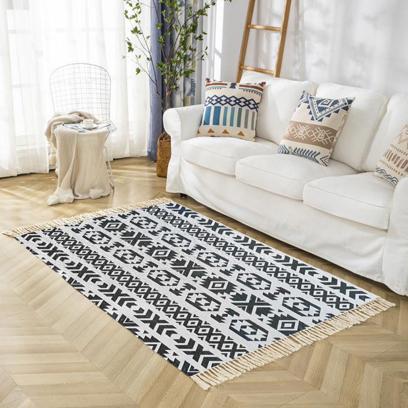 Black Bohemian Carpet Polyester Americana Print Rug Area Responne Fringe Area For Bedroom