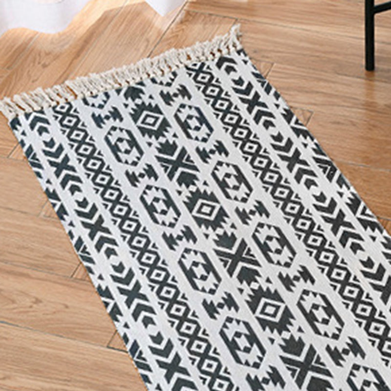Black Bohemian Carpet Polyester Americana Print Rug Fringe Area Rug for Bedroom