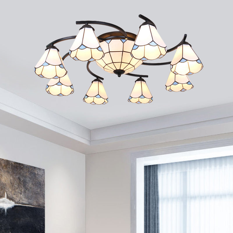 Cúpula/Semi de Espesor Cónico 11 Luces Blanco/Azul Cristal Mediterráneo Lámpara de techo para sala de estar