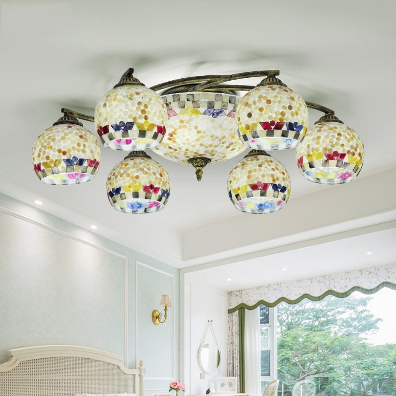 Shell Globe Semi Flush Ceiling Light Mediterranean 3/9/11 Lights White/Colorful Lighting Fixture for Living Room