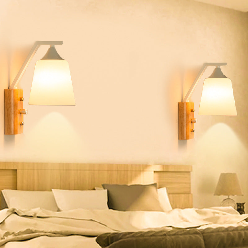 Modern Creative Dome Wall Lamp Wooden 1-Light Wall Sconce with White Glass Shade