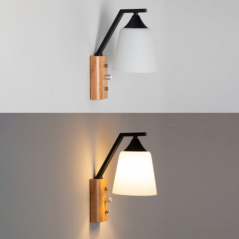 Modern Creative Dome Wall Lamp Wooden 1-Light Wall Sconce with White Glass Shade