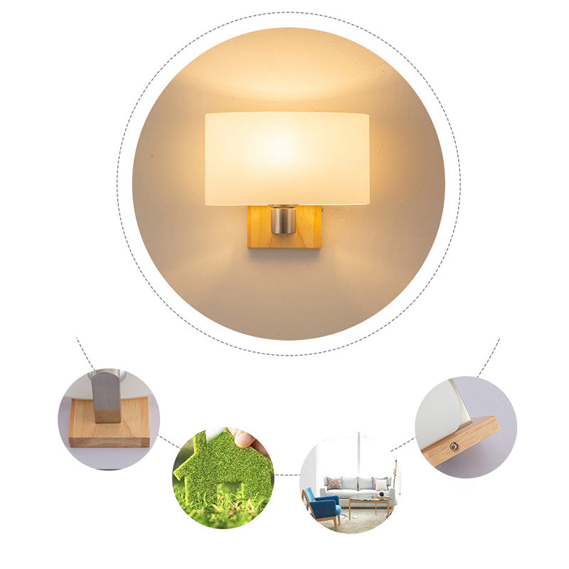 Wooden Rectangular Wall Lamp in Modern Simplicity Wrought Iron Wall Light with White Glass Shade