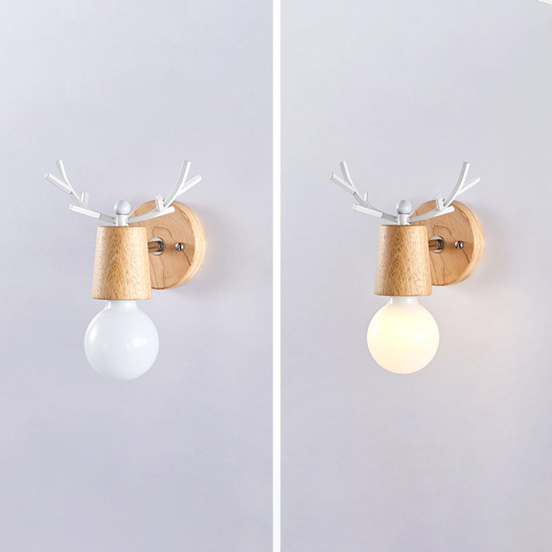 Wooden Wall Lamp in Modern Minimalist Style White Glass Wall Sconce with Antler Decoration