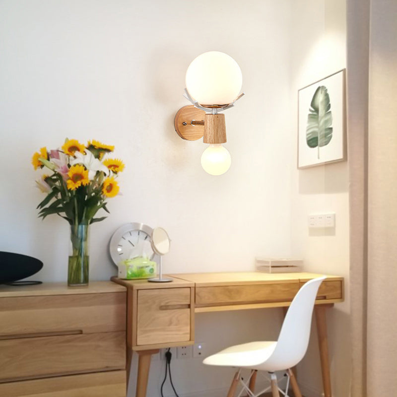 Wooden Wall Lamp in Modern Minimalist Style White Glass Wall Sconce with Antler Decoration