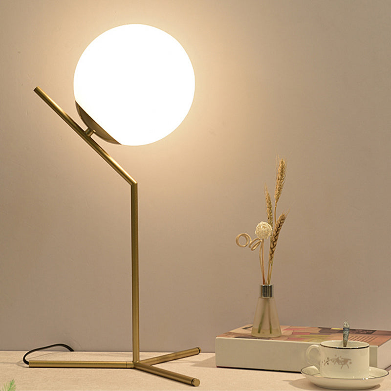 Opaline Glass Ball Night Lamp Nordic 1-Light Gold Table Light with Metal Rod Stand