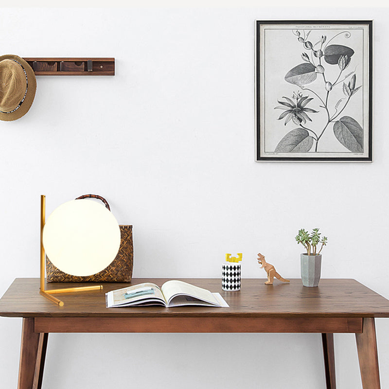 Opaline Glass Ball Night Lamp Nordic 1-Light Gold Table Light with Metal Rod Stand