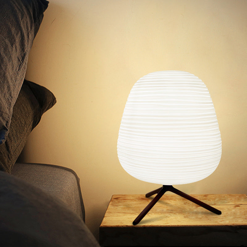 Cocoon Shaped Table Lamp Modern White Ribbed Glass 1-Light Bedroom Night Light with Tripod
