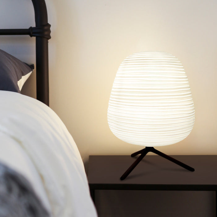 Cocoon Shaped Table Lamp Modern White Ribbed Glass 1-Light Bedroom Night Light with Tripod
