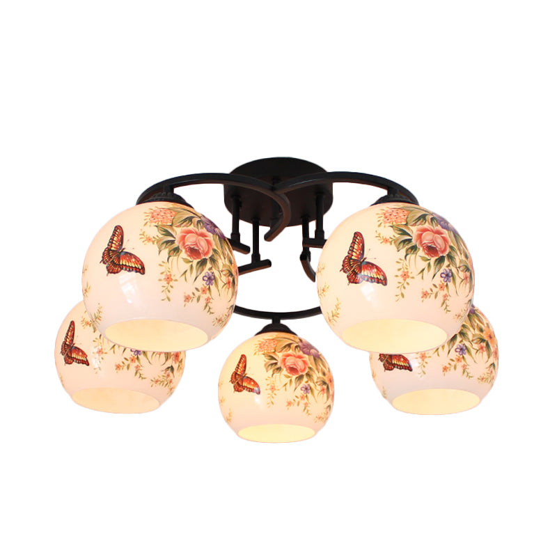 Méditerranée Globe Semi Flush Éclairage 5 lumières Plafond en verre coupé blanc avec motif de fleur / oiseau / papillon