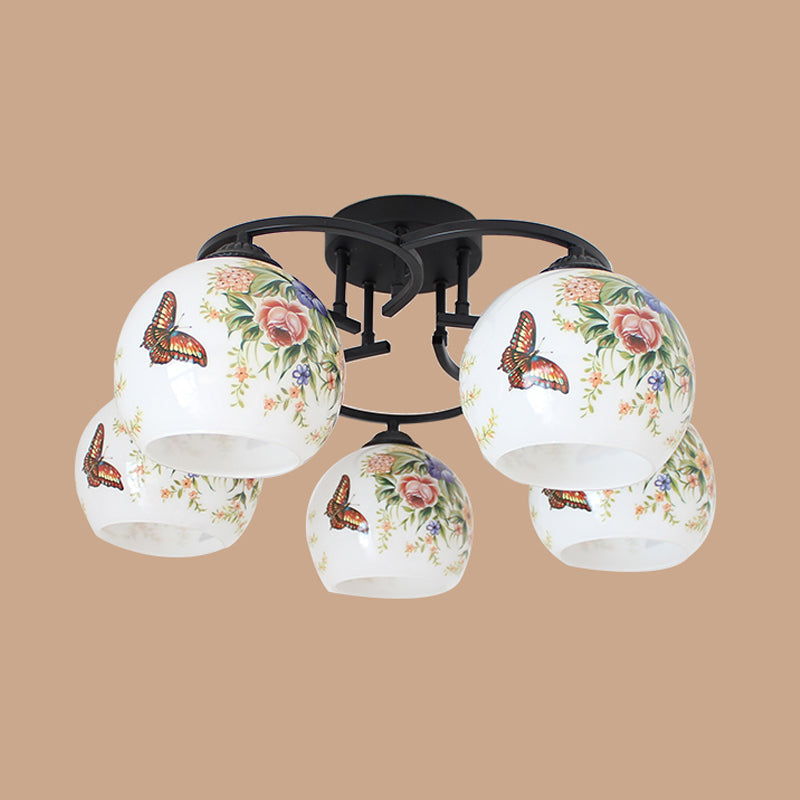 Méditerranée Globe Semi Flush Éclairage 5 lumières Plafond en verre coupé blanc avec motif de fleur / oiseau / papillon