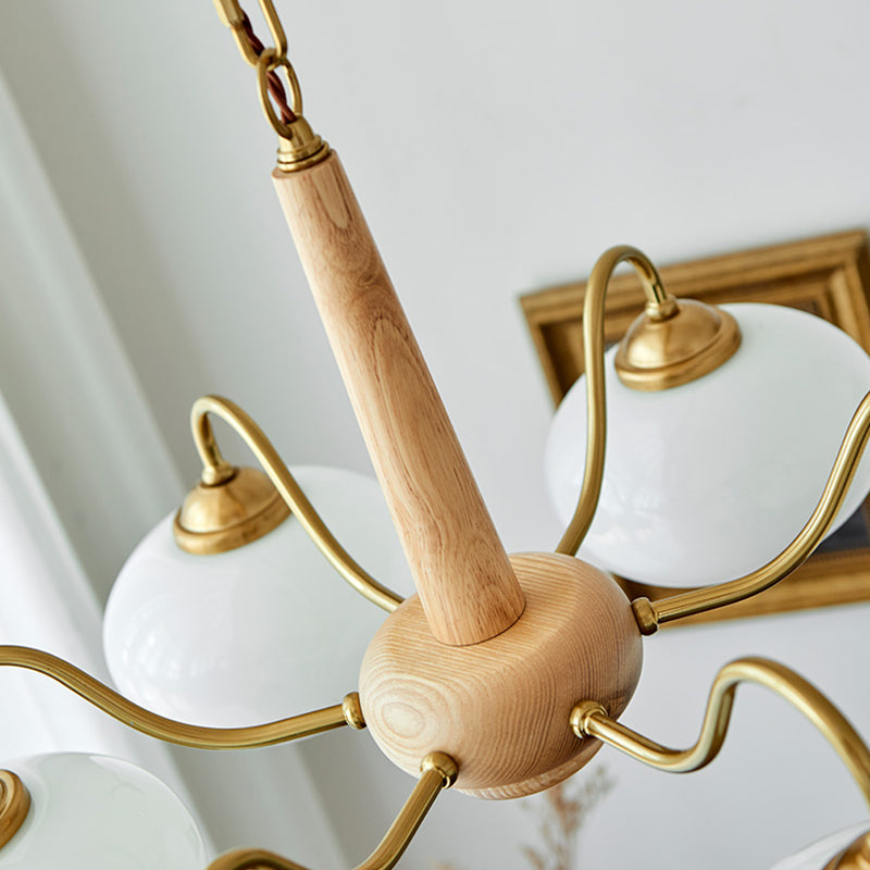 Contemporary Wood Sputnik Ceiling Pendant Glass Hanging Lights for Living Room