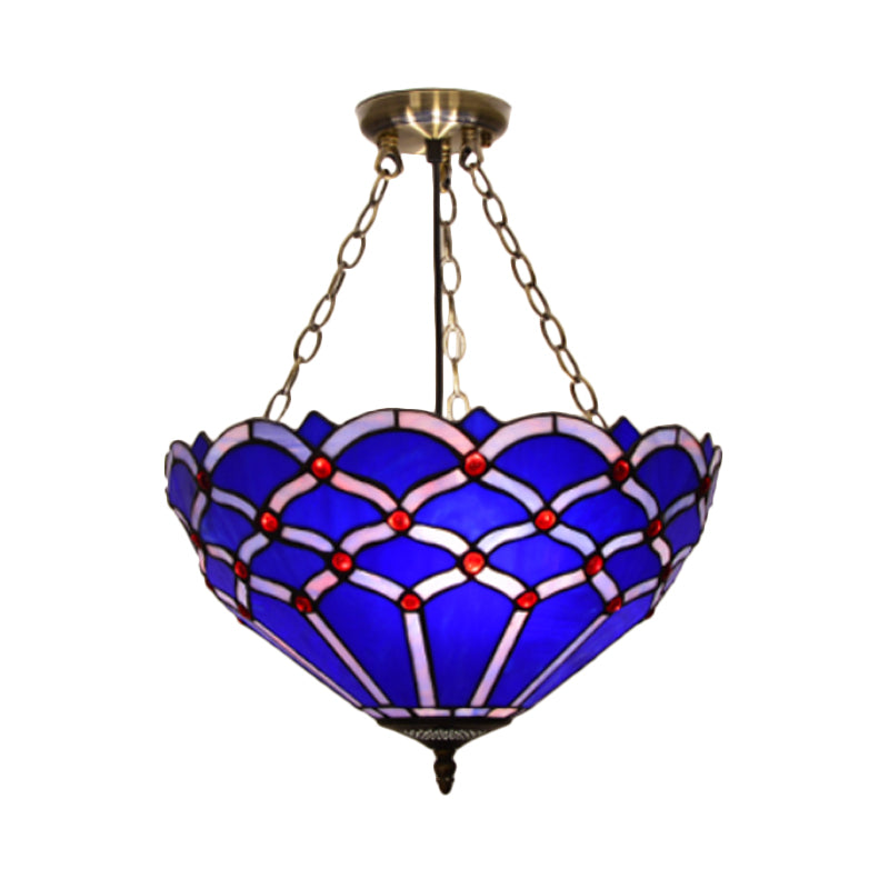 Bowl Semi Mount Éclairage 3 lumières Blanc / Blue Glass Baroque Plafond Lampe pour le salon