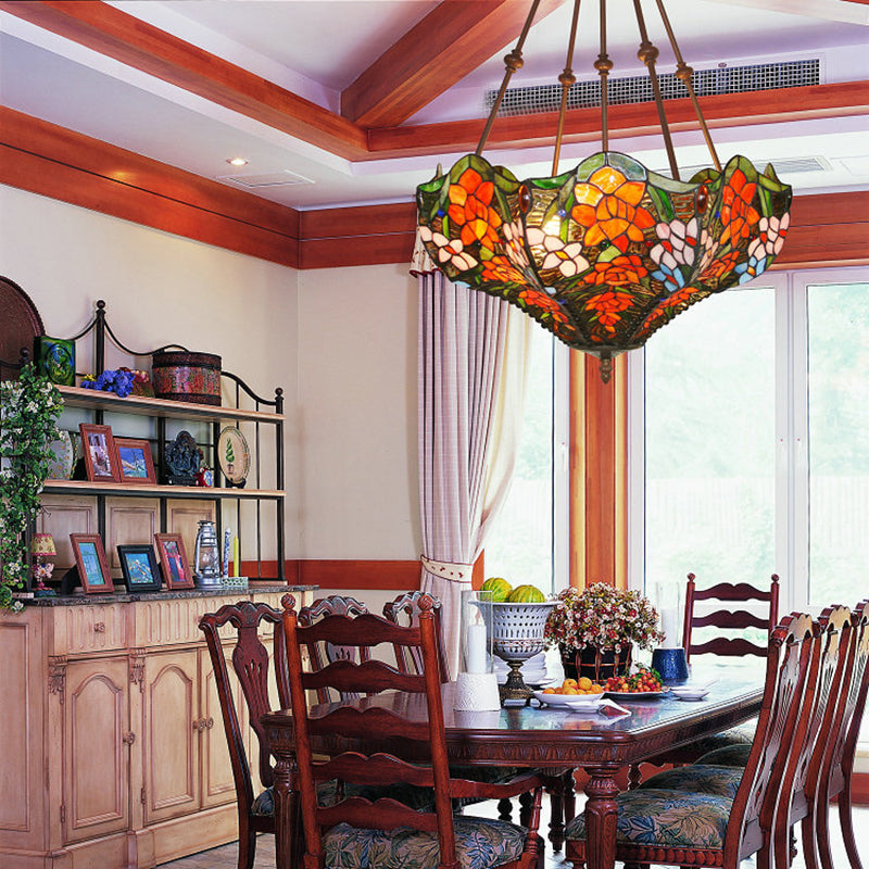 Blossom Semi-Encastré 3 Lumières Rouge/Orange/Vert Vitrail Victorien Plafonnier Luminaire pour Cuisine