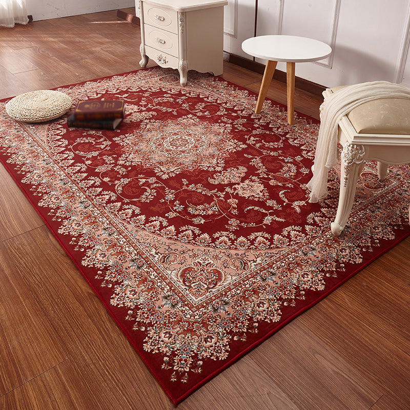 Red Tone Floral Print Rug Polyester Antique Carpet Non-Slip Backing Indoor Rug for Home Decoration