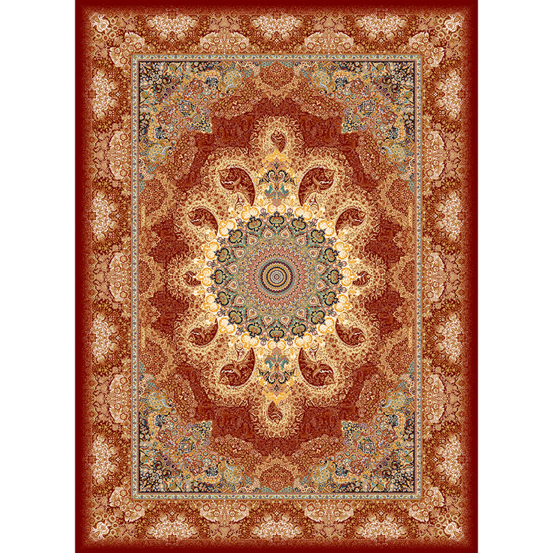 Tono rojo alfombra tradicional poliéster círculos concéntricos alfombra alfombra de cuidado fácil para sala de estar