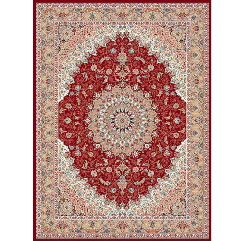 Tono rojo alfombra tradicional poliéster círculos concéntricos alfombra alfombra de cuidado fácil para sala de estar