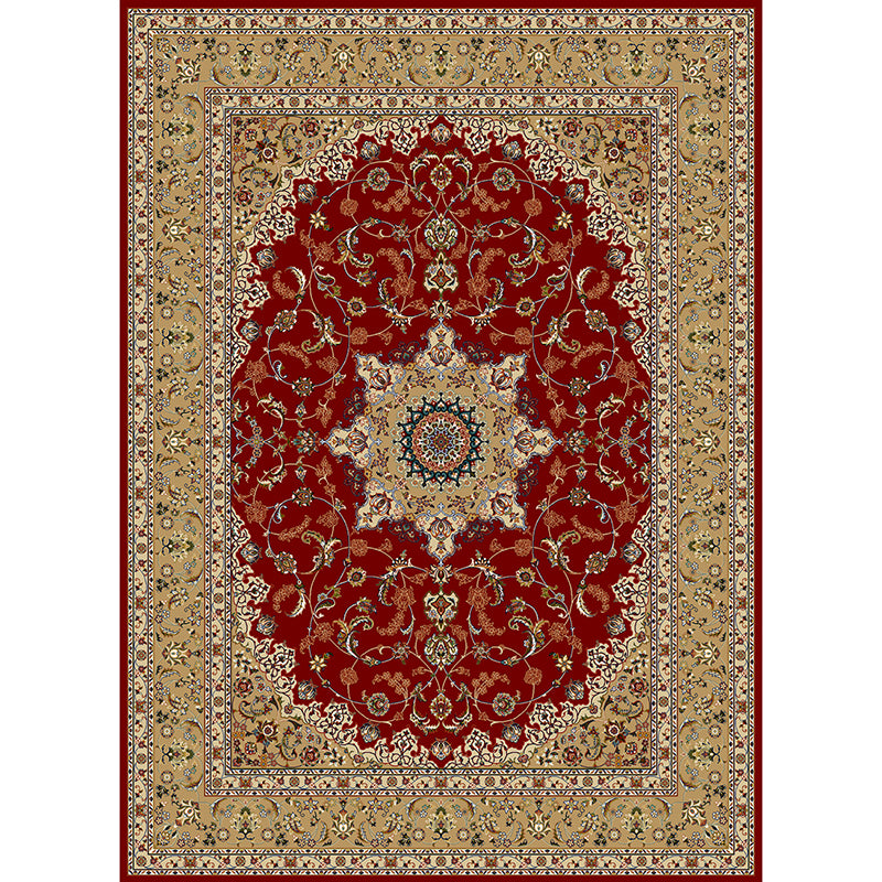 Tono rojo alfombra tradicional poliéster círculos concéntricos alfombra alfombra de cuidado fácil para sala de estar