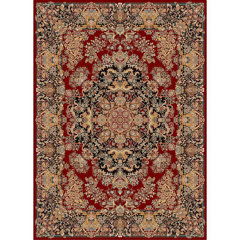 Tono rojo alfombra tradicional poliéster círculos concéntricos alfombra alfombra de cuidado fácil para sala de estar