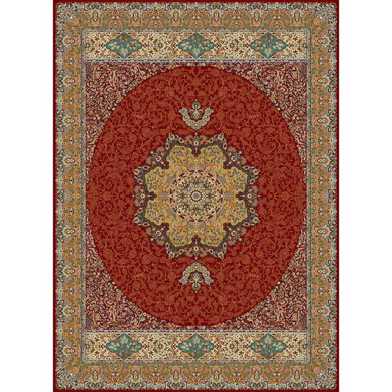 Tono rojo alfombra tradicional poliéster círculos concéntricos alfombra alfombra de cuidado fácil para sala de estar