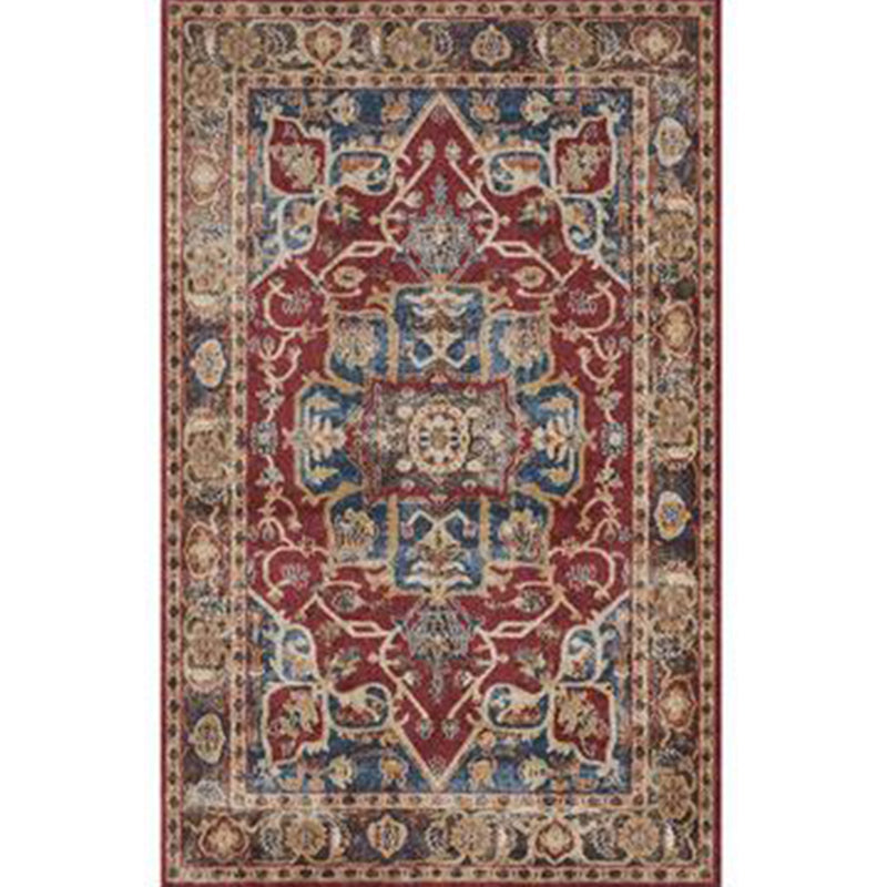 Alfombra de patrón simétrico retro alfombra de poliéster de tono rojo alfombra sin deslizamiento para sala de estar