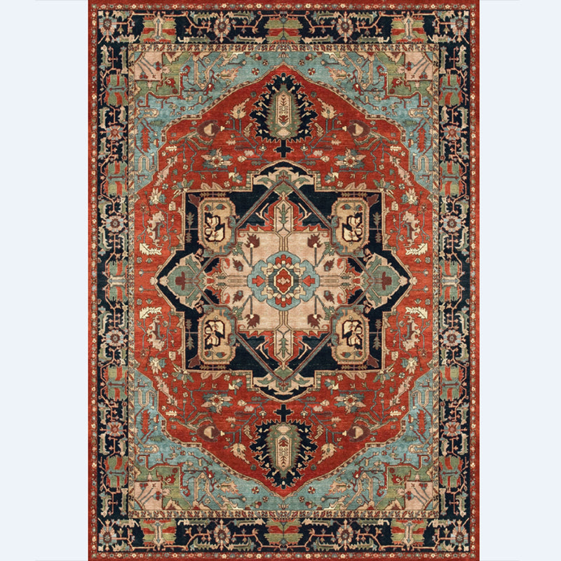 Alfombra de patrón simétrico retro alfombra de poliéster de tono rojo alfombra sin deslizamiento para sala de estar