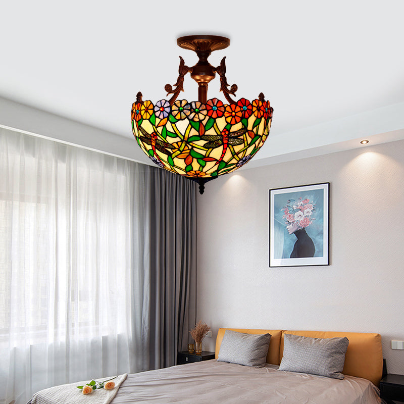 Bronze 3 Lights Semi Flush Light Mediterranean Beige/Red/Yellow Glass Domed Shade Ceiling Lighting for Living Room