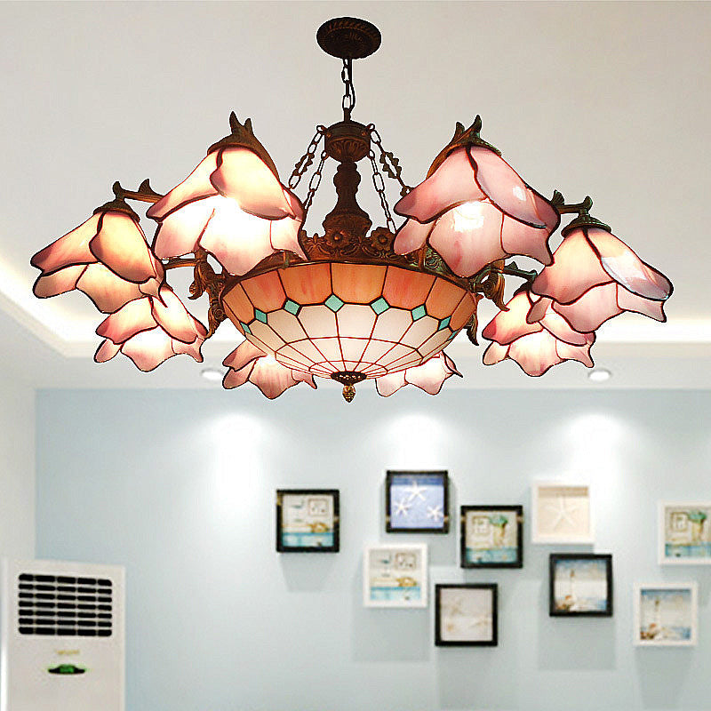 7/9 Luci soggiorno Lampada lampadina lampada a sospensione nera barocca con tonalità di vetro floreale rosa/giallo/blu