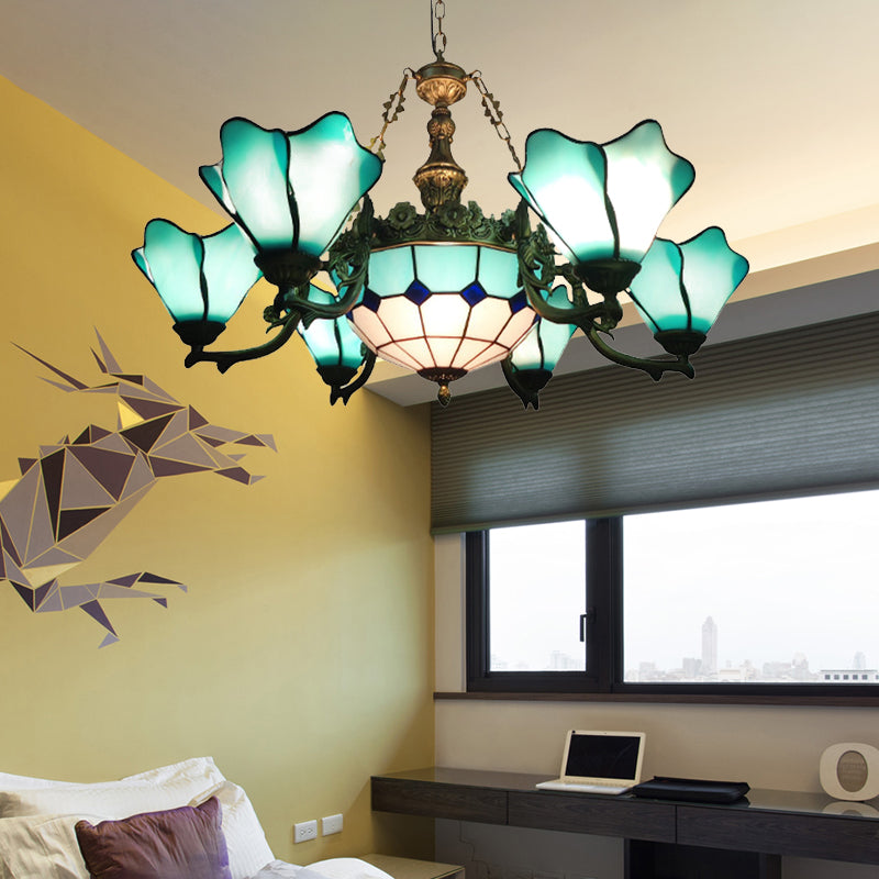 7/9 Luci soggiorno Lampada lampadina lampada a sospensione nera barocca con tonalità di vetro floreale rosa/giallo/blu