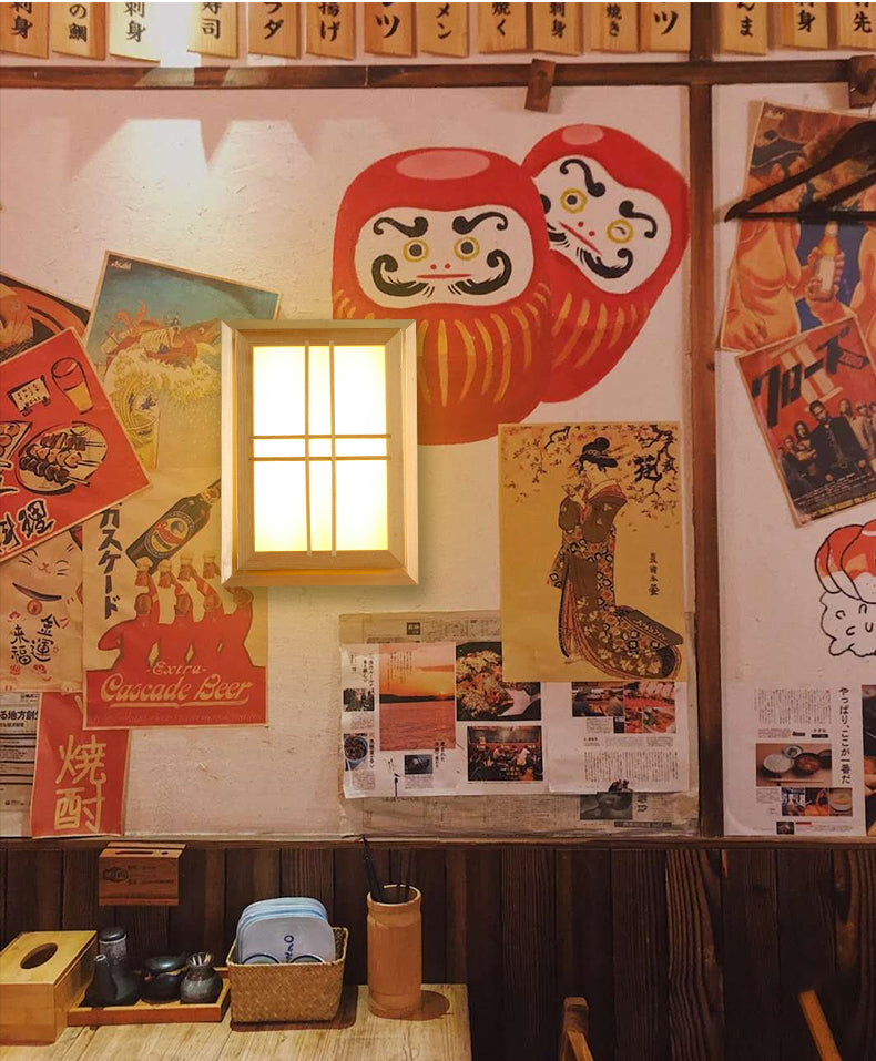 Rectangular Wood Wall Light Japanese 1-Light Wall Mount Light for Dining Room