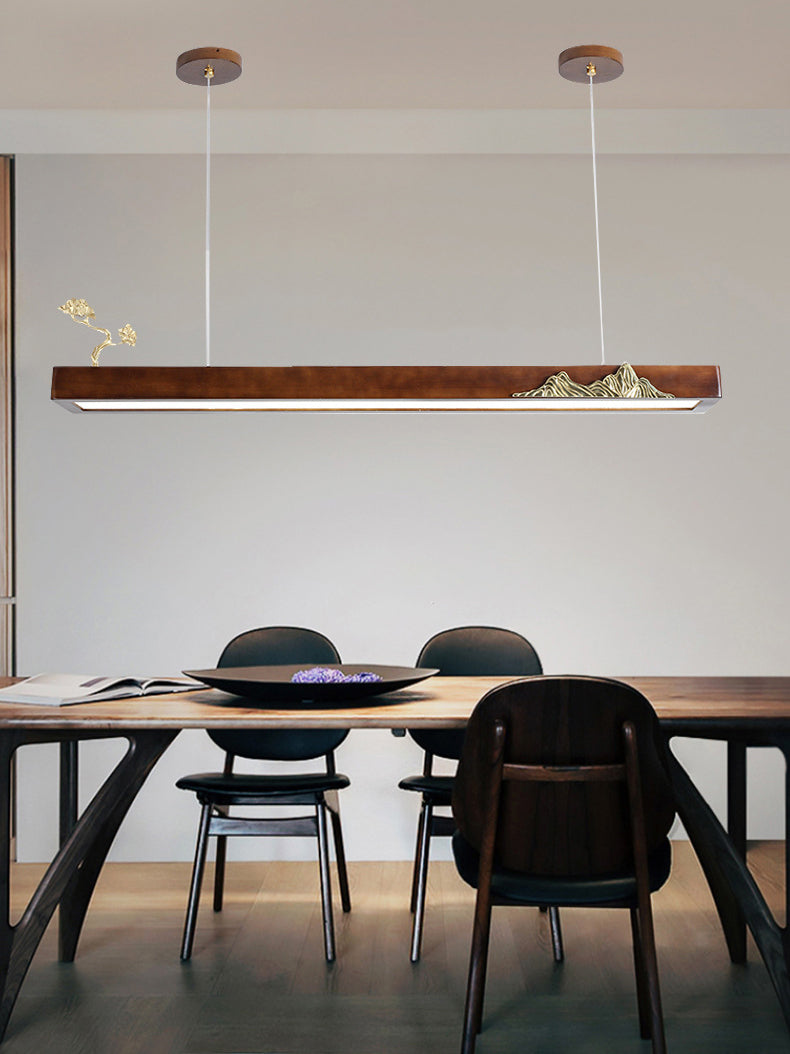 Nueva lámpara de lámpara de madera moderna colgante de isla LED lineal para casa de té