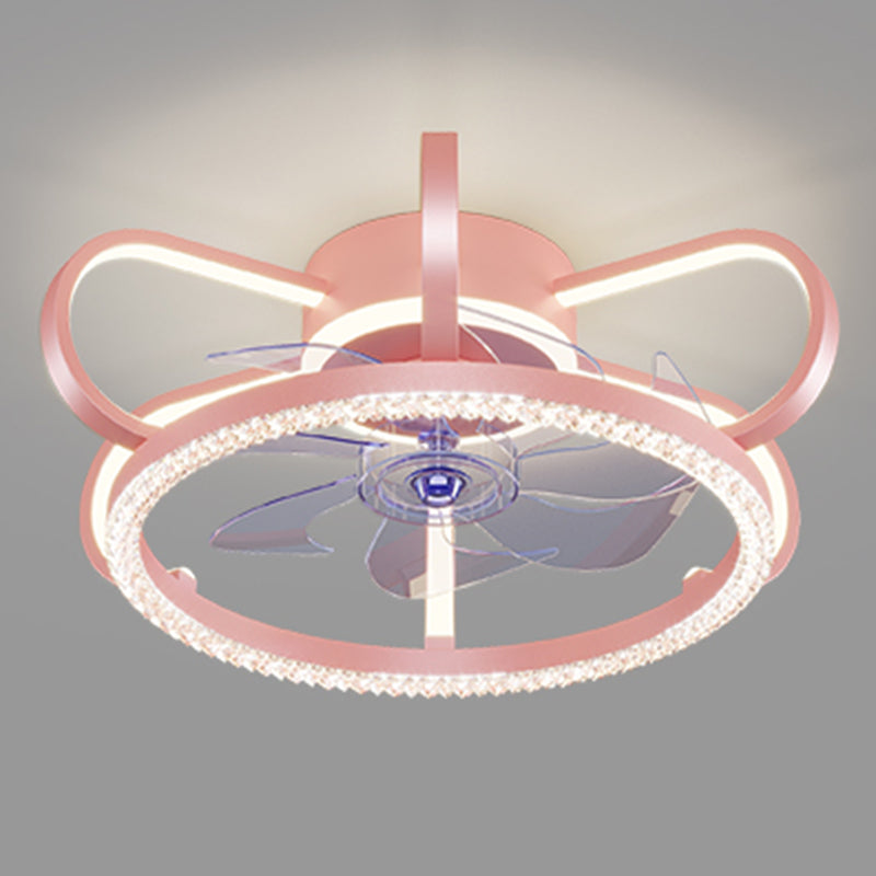 Crown Shaped Kids Bedroom Fan Lighting Metal Macaron LED Semi Flush Ceiling Light with Crystal Decor