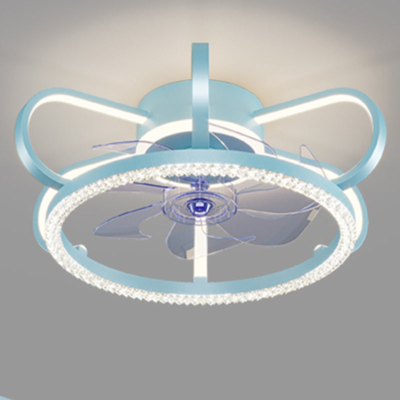 Crown Shaped Kids Bedroom Fan Lighting Metal Macaron LED Semi Flush Ceiling Light with Crystal Decor