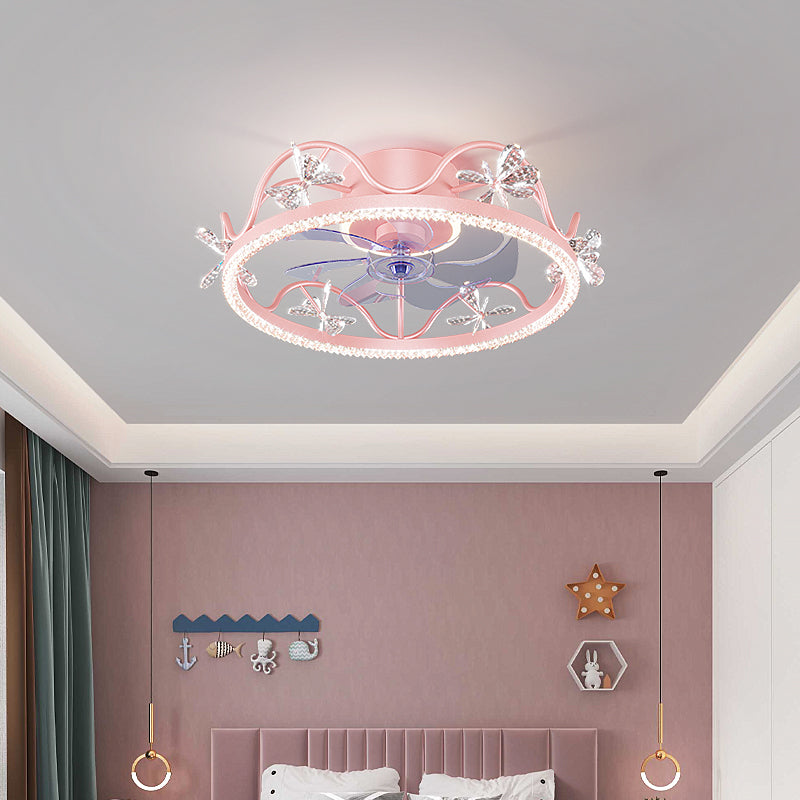 Crown Shaped Kids Bedroom Fan Lighting Metal Macaron LED Semi Flush Ceiling Light with Crystal Decor