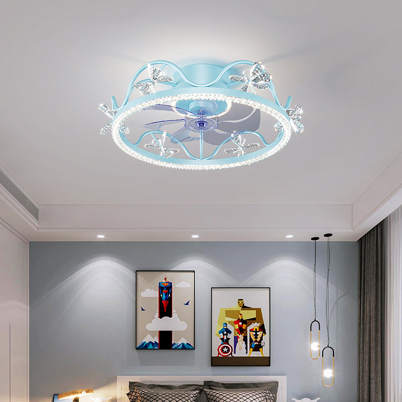 Crown Shaped Kids Bedroom Fan Lighting Metal Macaron LED Semi Flush Ceiling Light with Crystal Decor