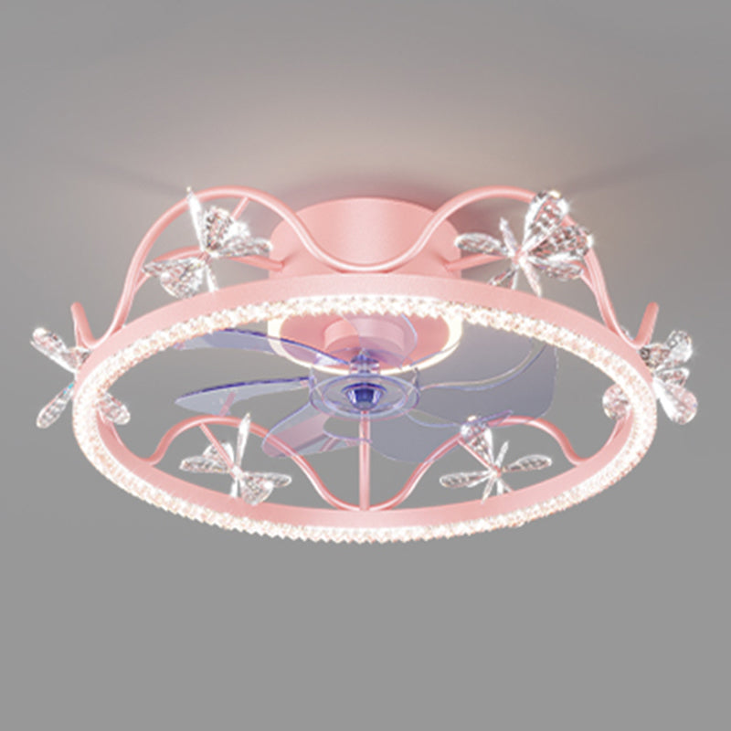 Crown Shaped Kids Bedroom Fan Lighting Metal Macaron LED Semi Flush Ceiling Light with Crystal Decor