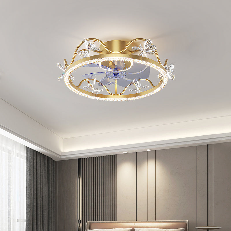 Crown Shaped Kids Bedroom Fan Lighting Metal Macaron LED Semi Flush Ceiling Light with Crystal Decor
