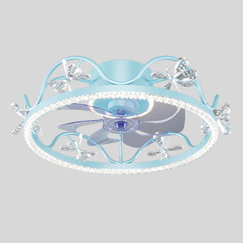 Crown Shaped Kids Bedroom Fan Lighting Metal Macaron LED Semi Flush Ceiling Light with Crystal Decor