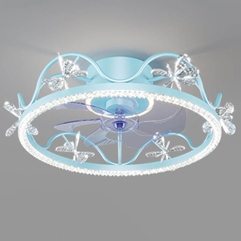 Crown Shaped Kids Bedroom Fan Lighting Metal Macaron LED Semi Flush Ceiling Light with Crystal Decor