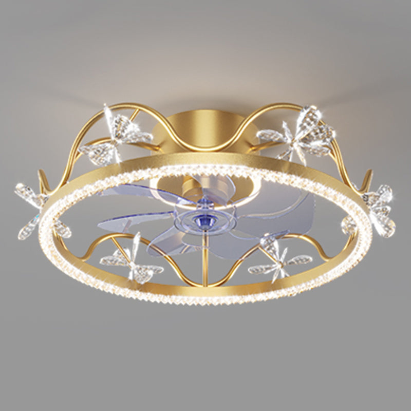 Crown Shaped Kids Bedroom Fan Lighting Metal Macaron LED Semi Flush Ceiling Light with Crystal Decor