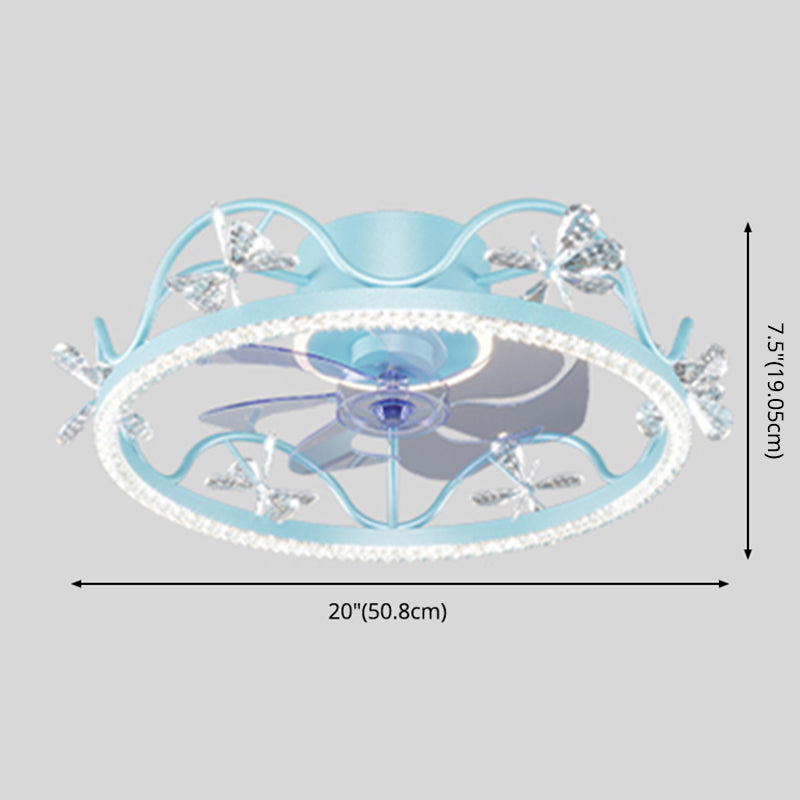 Crown Shaped Kids Bedroom Fan Lighting Metal Macaron LED Semi Flush Ceiling Light with Crystal Decor